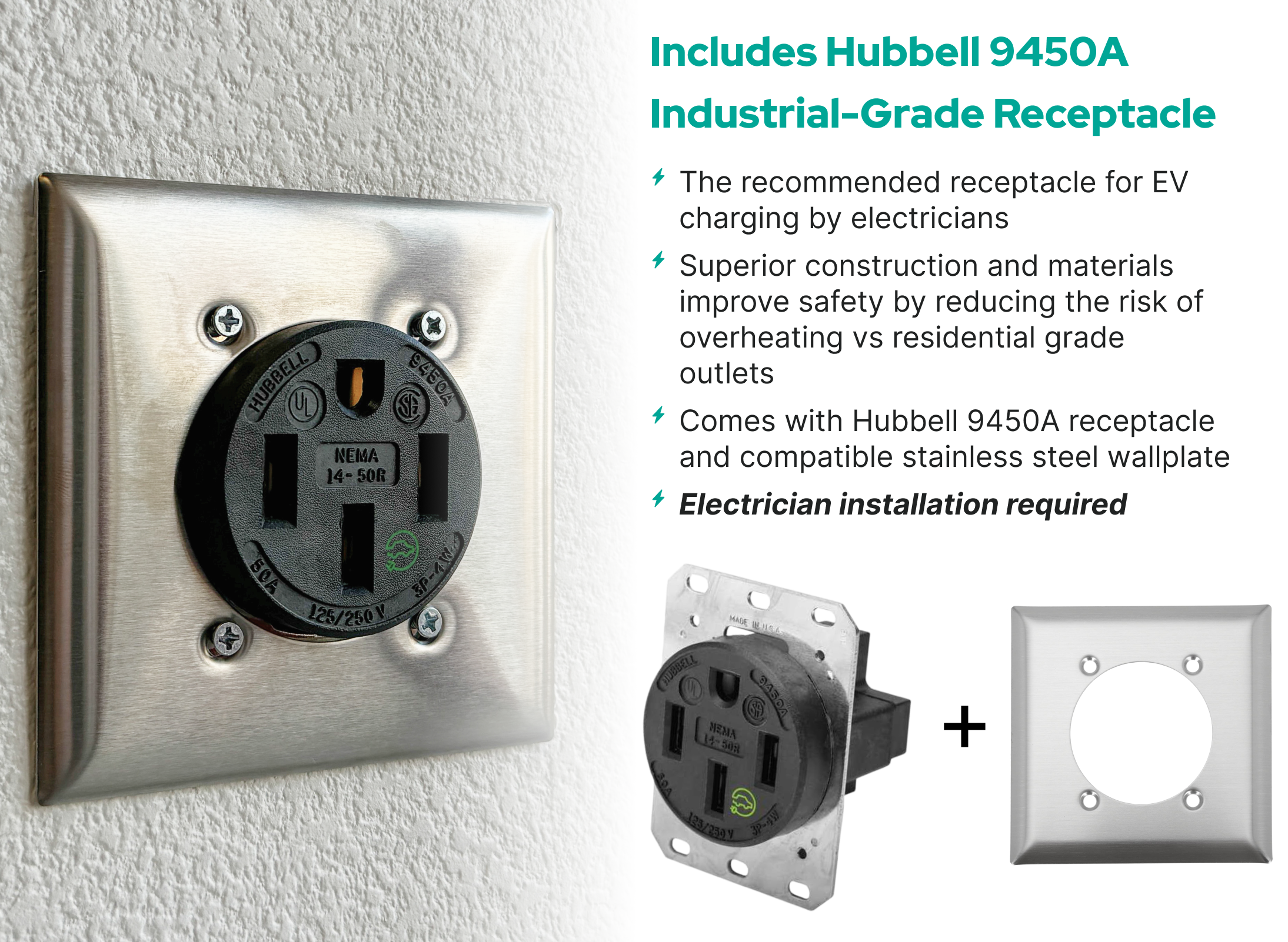 Hubbell 9450R - NEMA 14-50 Commercial Grade Outlet + Stainless Steel Faceplate
