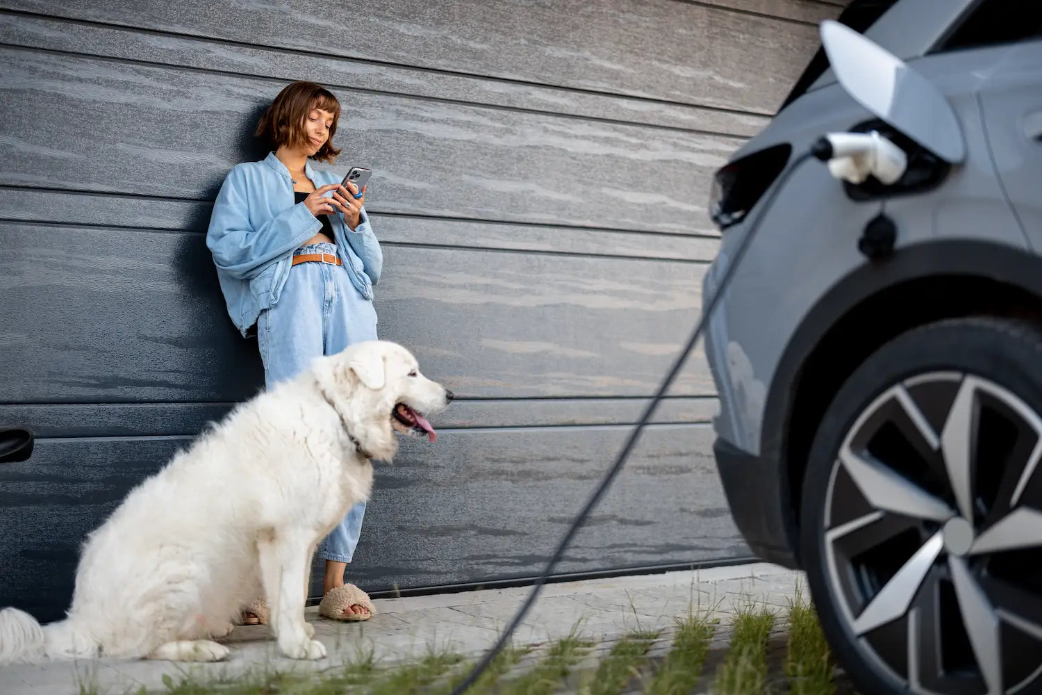 Homeowner using the NeoCharge App on her phone while her dog sits beside her and her electric vehicle charges at home.