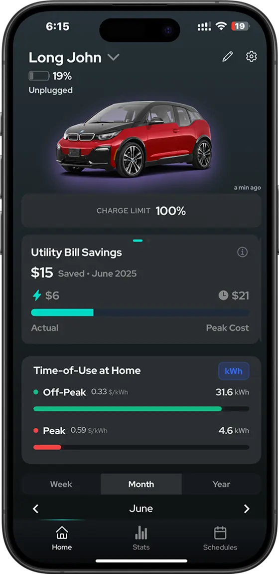 Smartphone displaying a home energy management app with a red electric car icon.