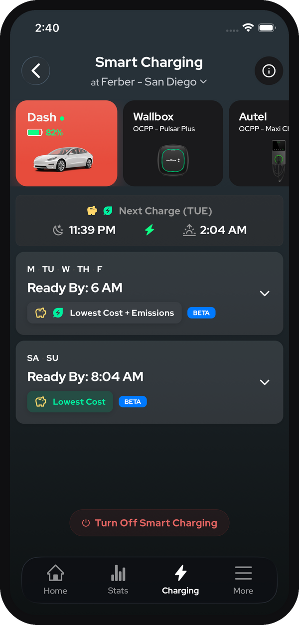 NeoCharge app Smart Charging — auto-schedule your EV for lowest-cost and cleanest-grid hours, with Tesla, Wallbox, and Autel devices on one screen