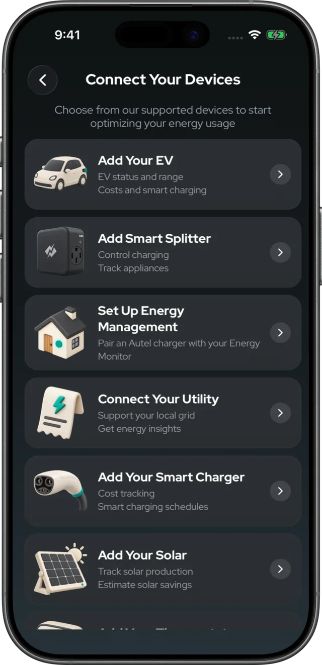 Connect Your Devices screen: add your EV, Smart Splitter, energy management, utility, smart charger and solar