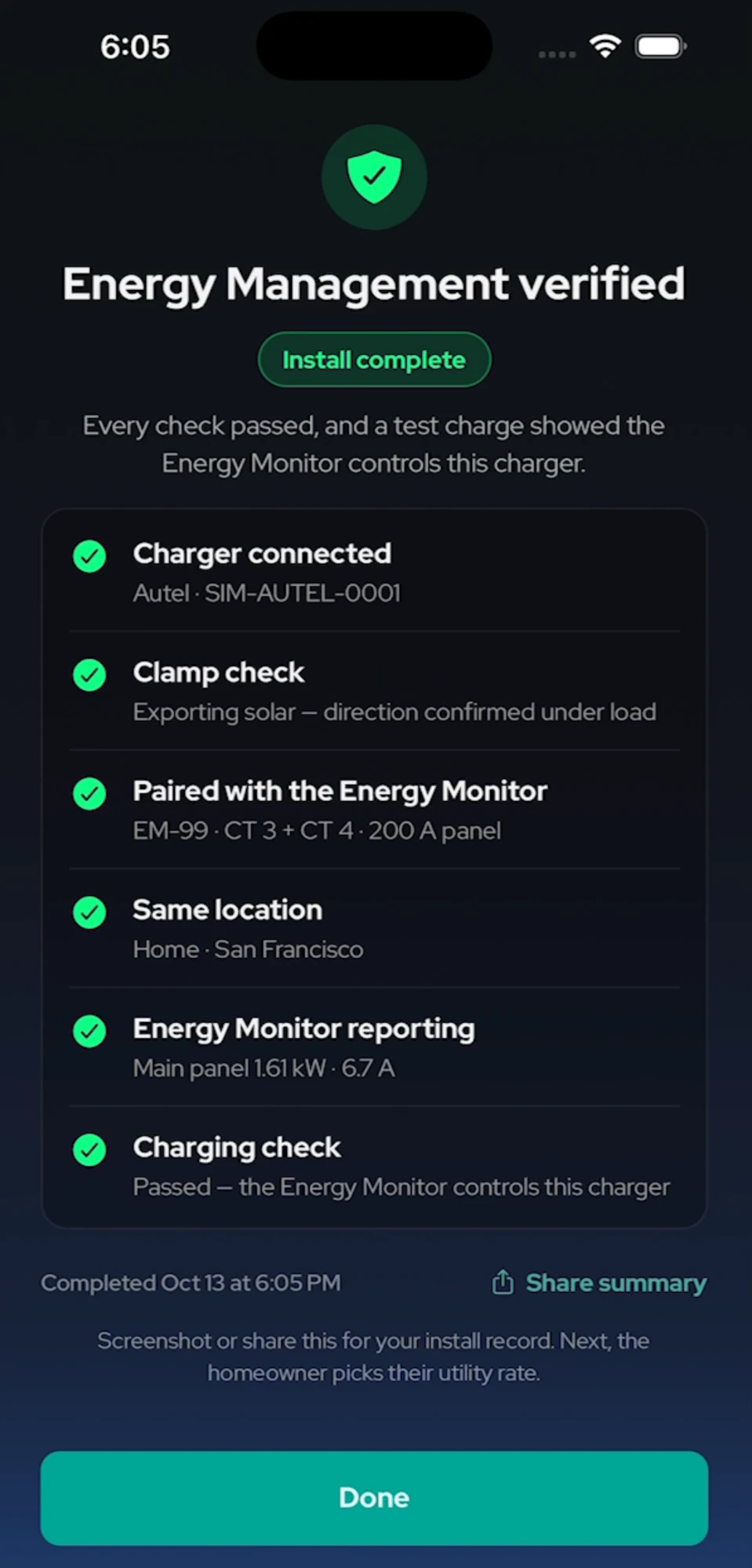 Energy Management verified: Install complete, all checks green