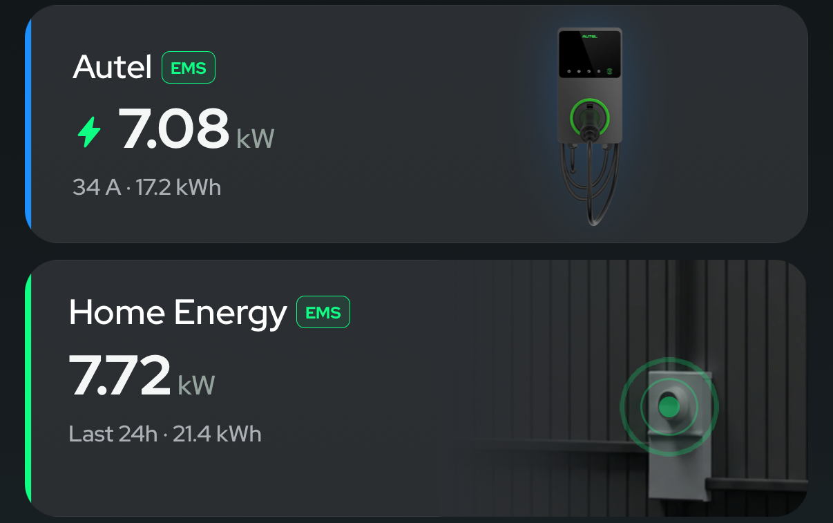 App home screen: the Autel and Home Energy cards both carry the green EMS badge