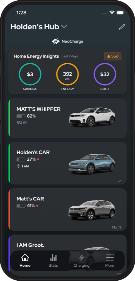 NeoCharge home energy insights screen