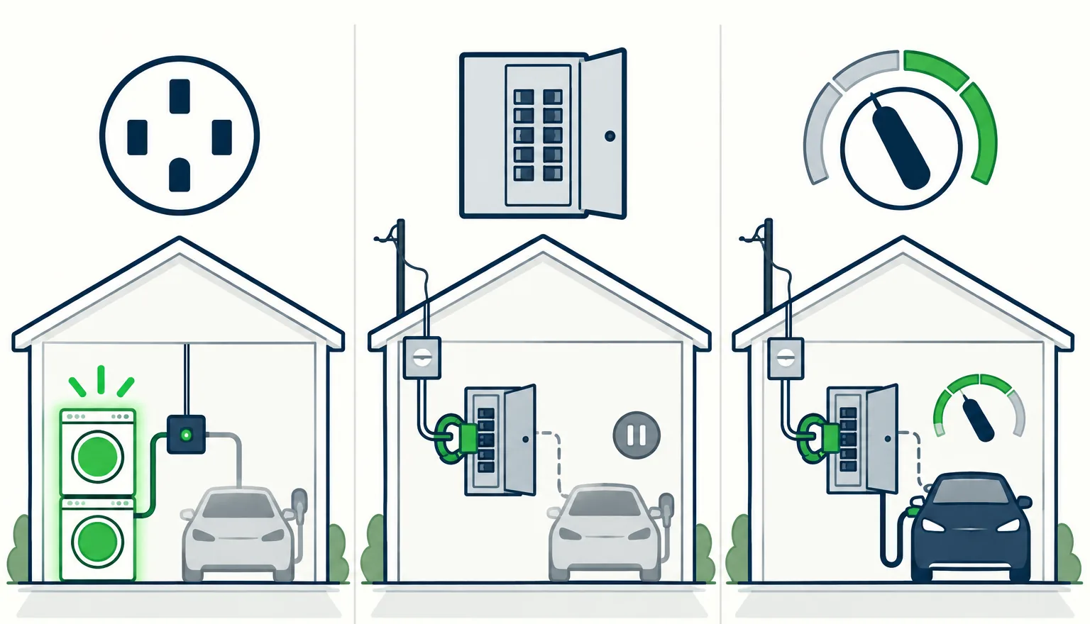Three-panel illustration of BC Hydro's eligible device types: one dryer outlet shared between a running dryer and a paused EV through a small switching box; a sensor at the electrical panel pausing the EV charger; the same panel sensor turning the charger down instead of off