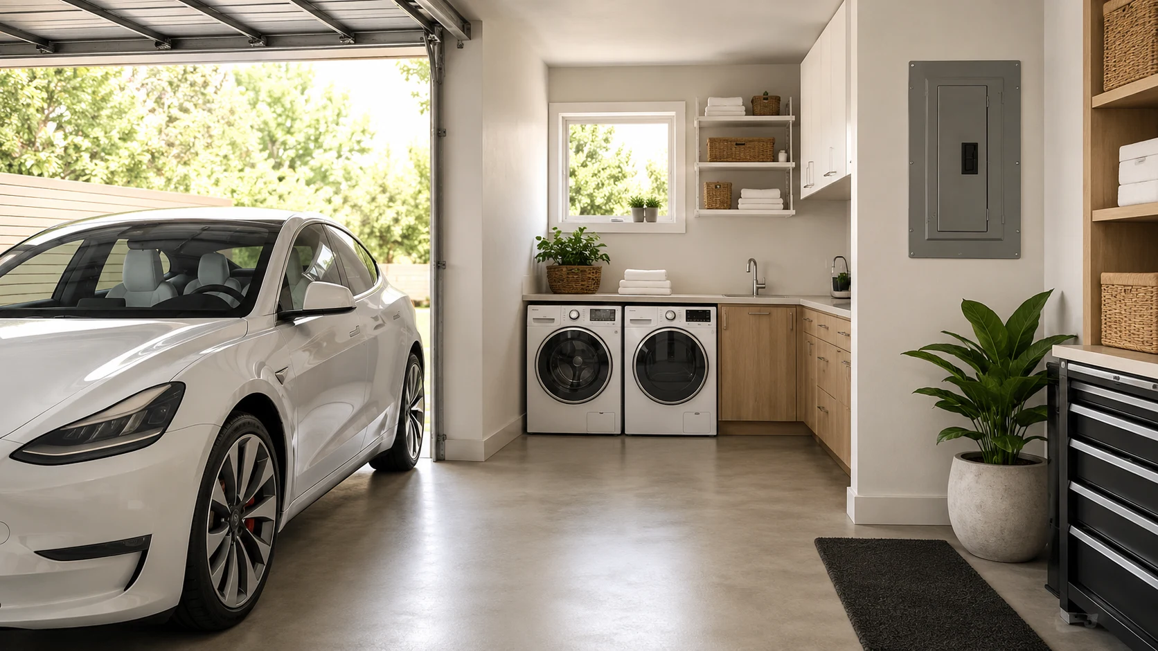 Clean garage with EV, laundry appliances, and electrical panel for home charging load management