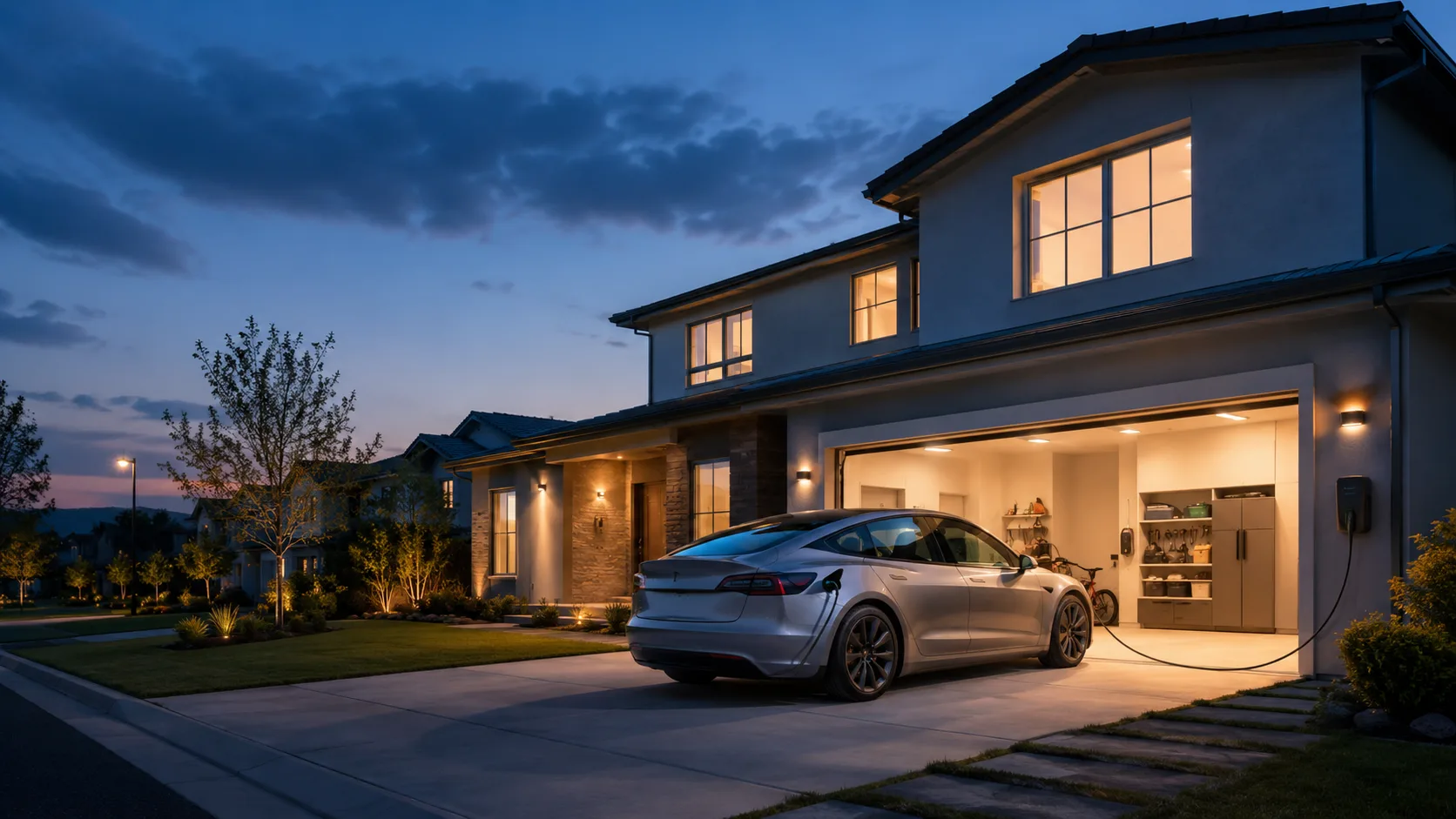 An EV charging in a home driveway at dusk with the garage lights on, a typical Level 2 home charging setup