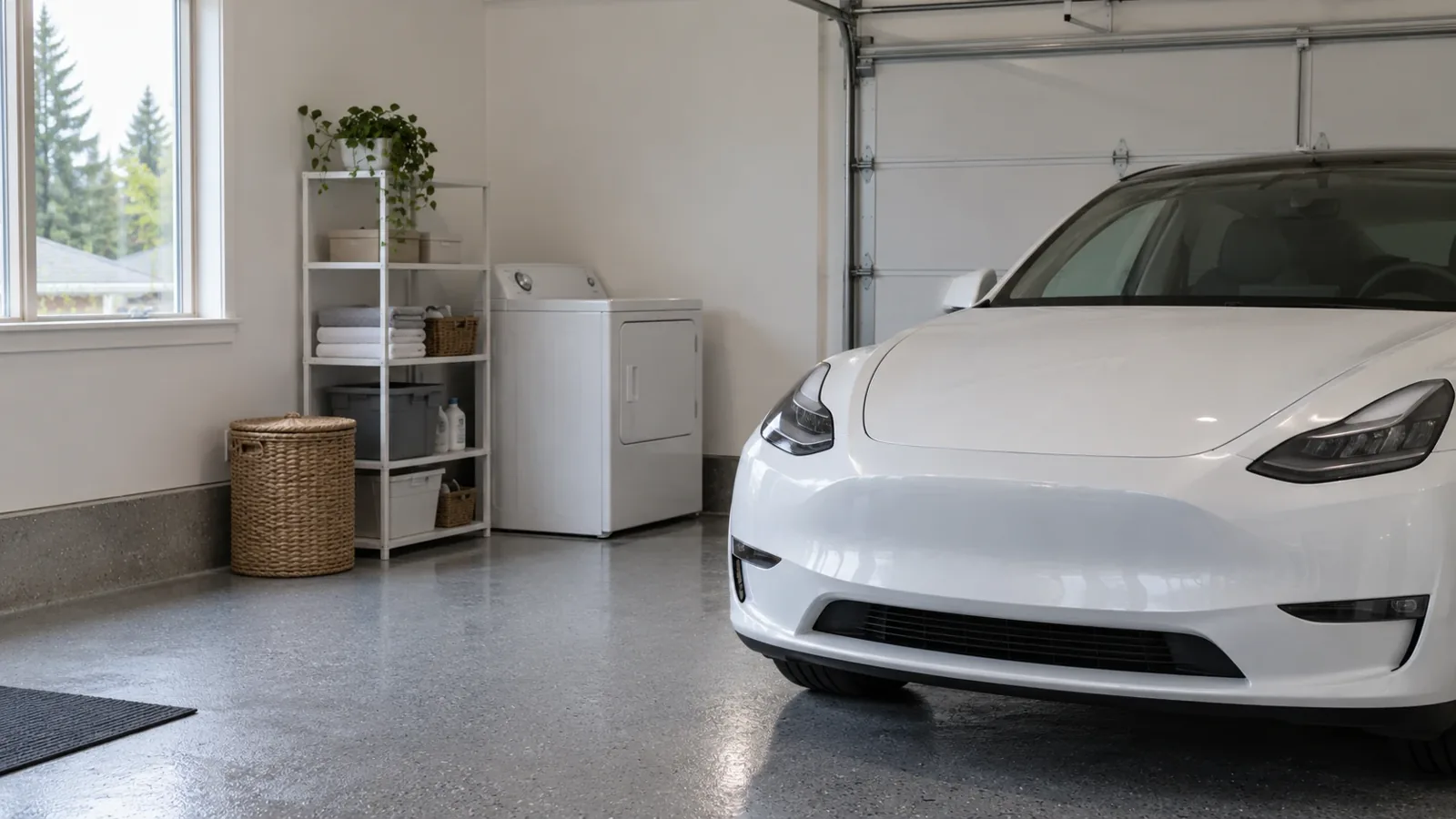 A white Tesla Model Y parked in a bright garage next to a top-load clothes dryer