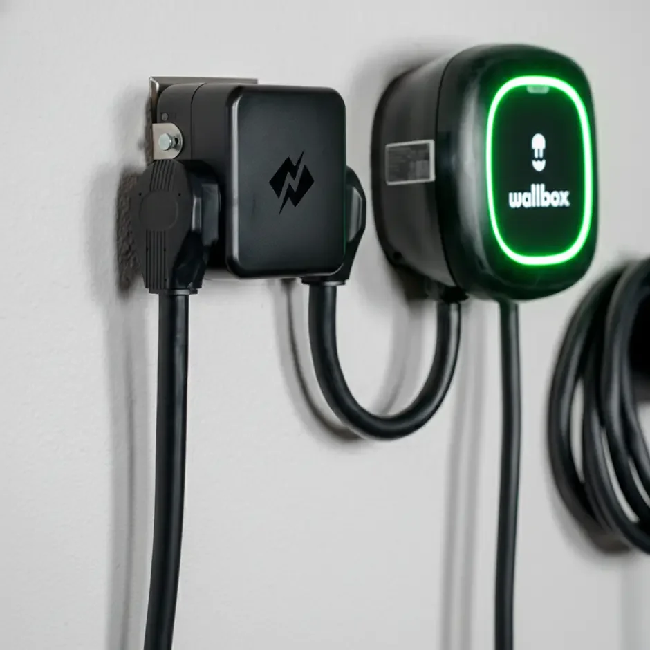 NeoCharge Smart Splitter mounted on a garage wall beside a Wallbox Pulsar Plus charger, both plugged in