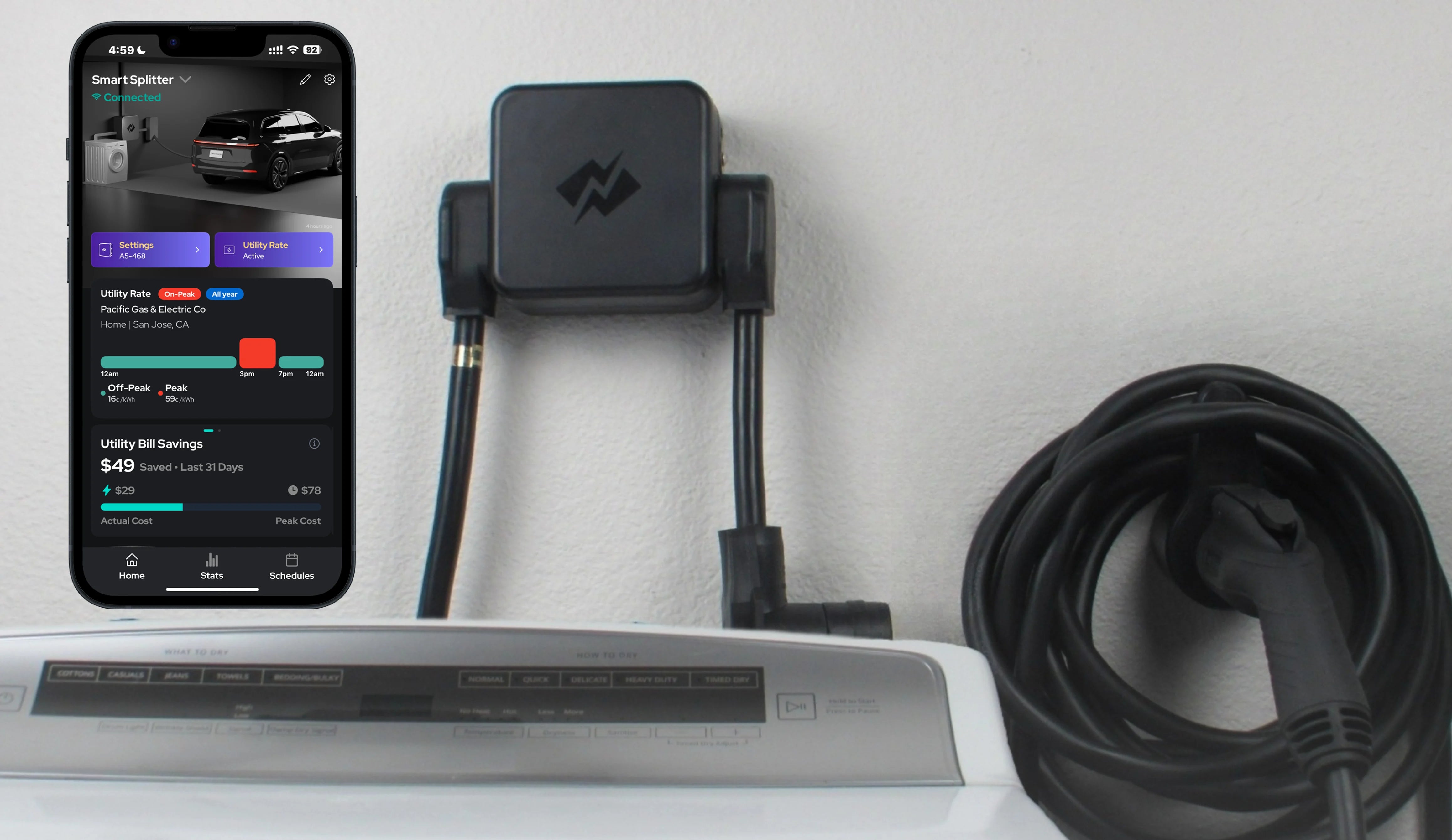 NeoCharge Smart Splitter and app showing home charging savings