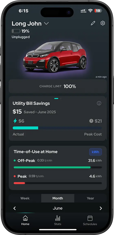 Smartphone displaying a home energy management app with a red electric car icon.