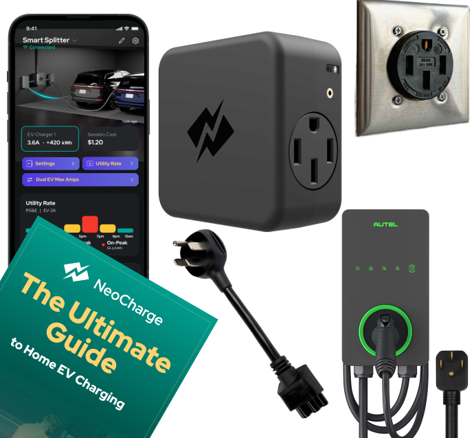 NeoCharge NEMA 14-50 Smart Splitter Pro Bundle with Autel AC Lite 40A charger, Tesla adapter, Hubbell outlet and app