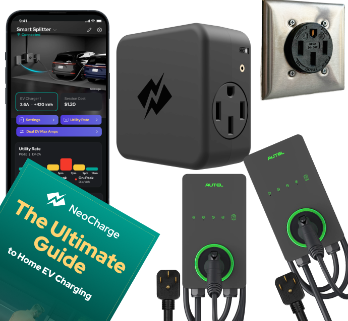 NeoCharge NEMA 14-50 Smart Splitter Pro Bundle with two Autel AC Lite 40A chargers, Hubbell outlet and app