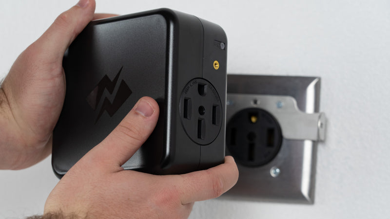 NeoCharge Smart Splitter being installed at a 240V outlet