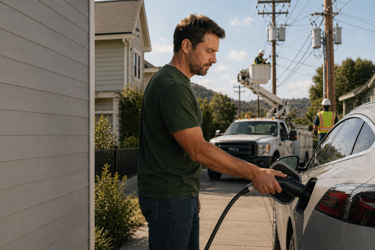 Man charging an electric car with a power truck in the background