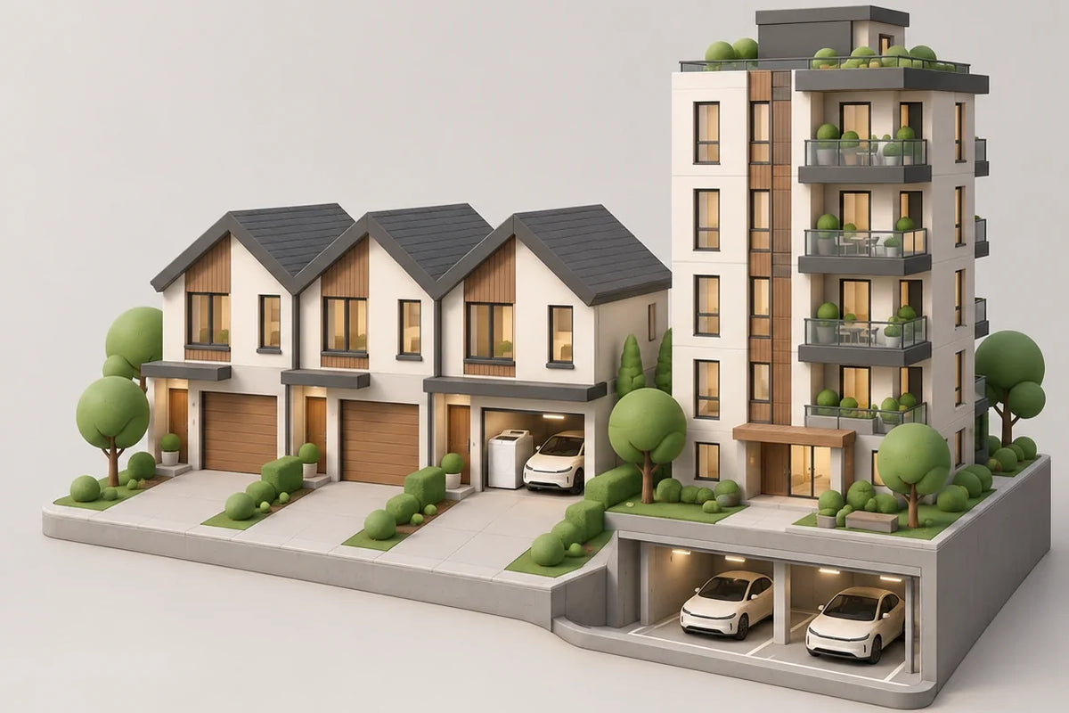 Clay illustration of a row of townhomes with an EV in an open garage next to a condo tower with a parkade