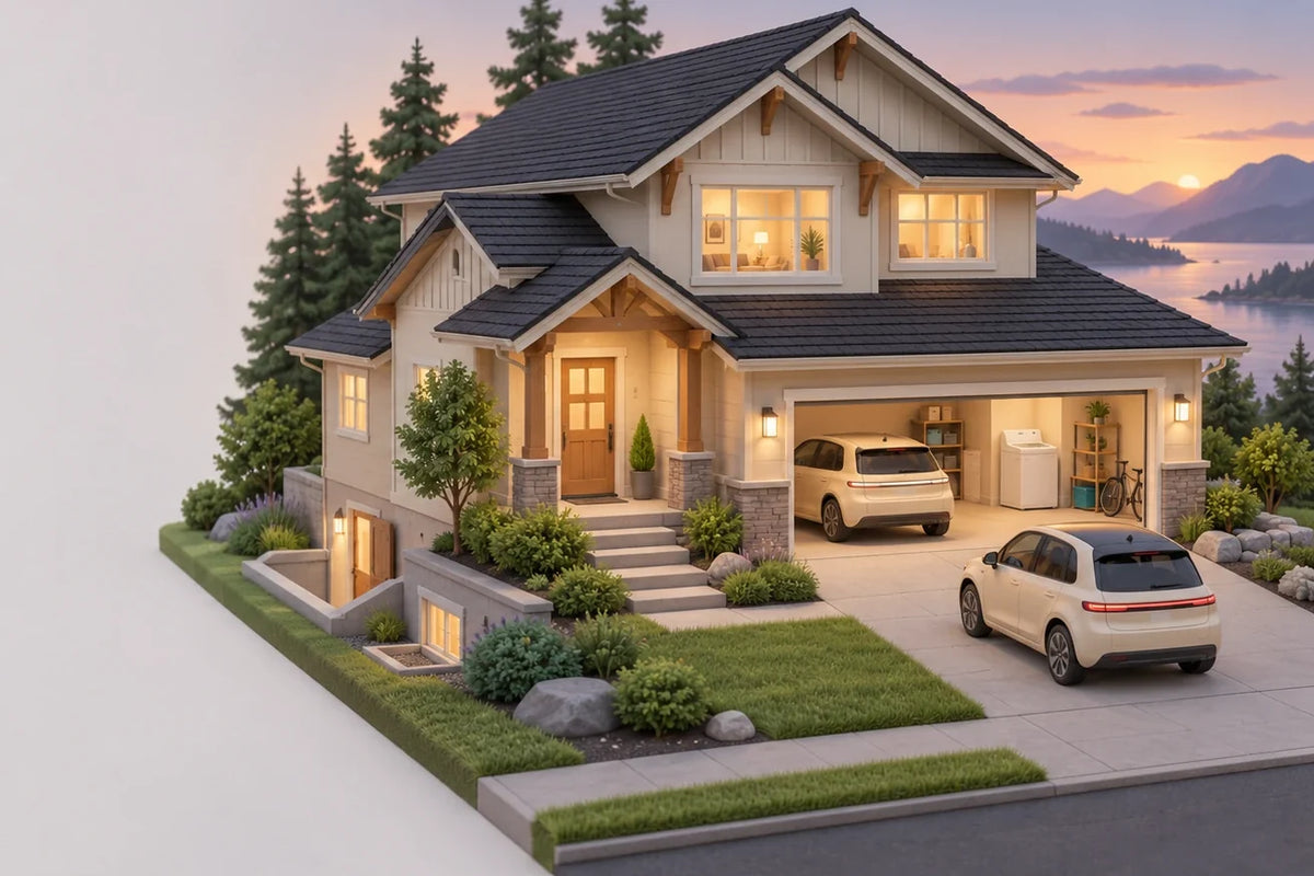 Clay illustration of a two-storey Surrey house with a basement suite, a dryer in the open garage, and two EVs