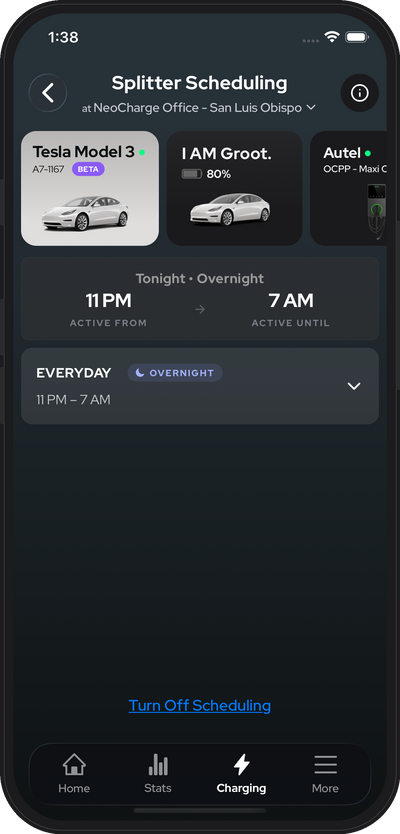 NeoCharge app Smart Splitter scheduling — set overnight active hours per device for off-peak EV charging