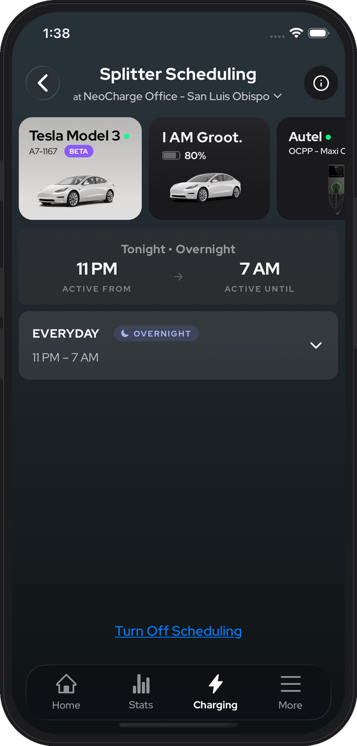 NeoCharge app scheduling screen: Splitter Scheduling, 11 PM to 7 AM overnight