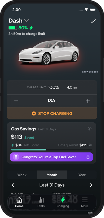 Direct Tesla charge control in the NeoCharge app — start, stop, and set amperage on your Model 3 from your phone