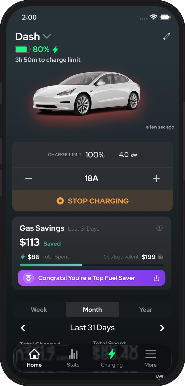 Direct Tesla charge control in the NeoCharge app — start, stop, and set amperage on your Model 3 from your phone
