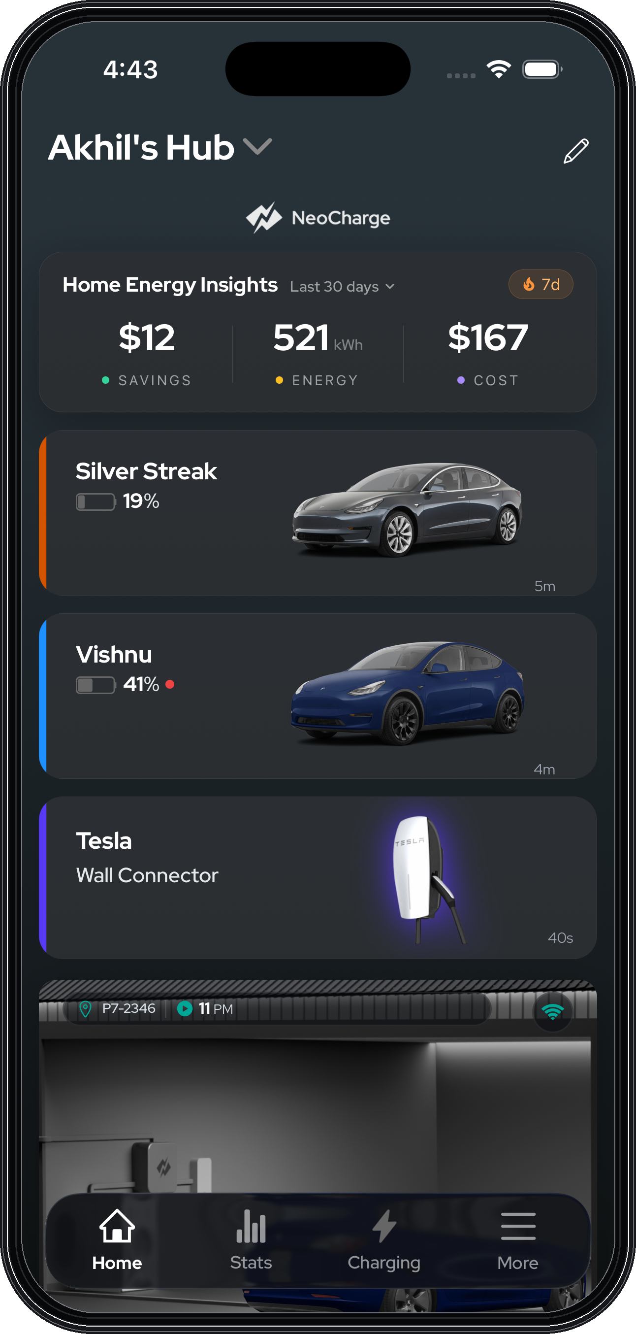 NeoCharge app home screen showing connected EVs, charger, and Smart Splitter