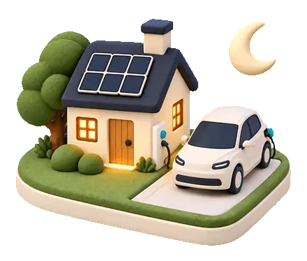 Clay model of a home with solar panels and an EV, turning from night to day