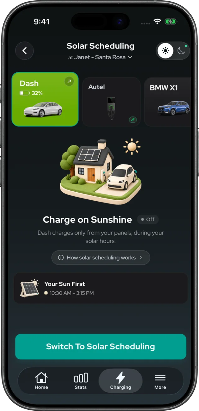 Solar Scheduling screen: charge on sunshine, with the sun-first window from 10:30 AM to 3:15 PM