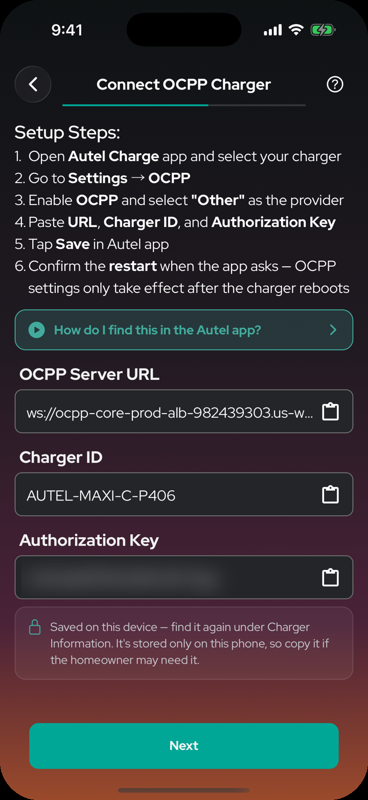 NeoCharge app: the 3 OCPP fields