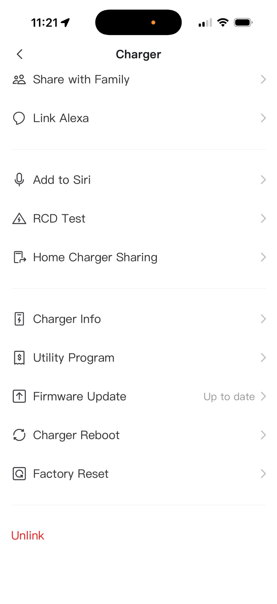 Autel app, Charger menu: Firmware Update, Charger Info and Factory Reset