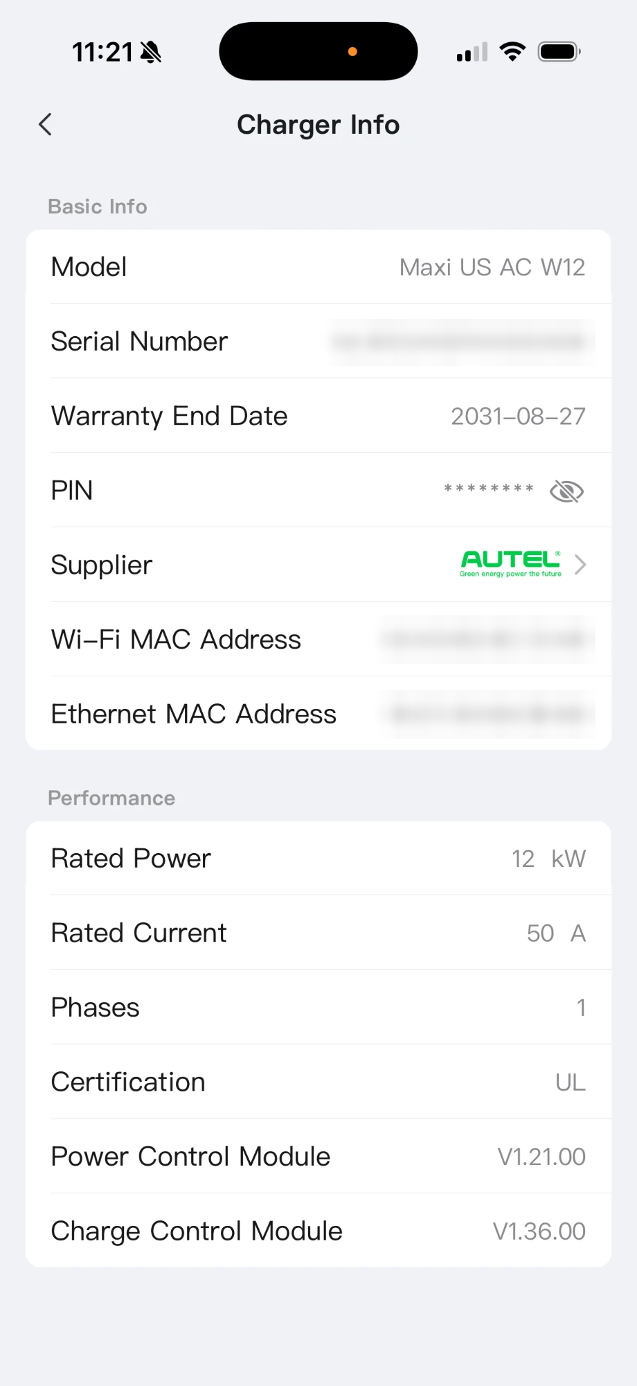 Autel app, Charger Info: Charge Control Module V1.36.00