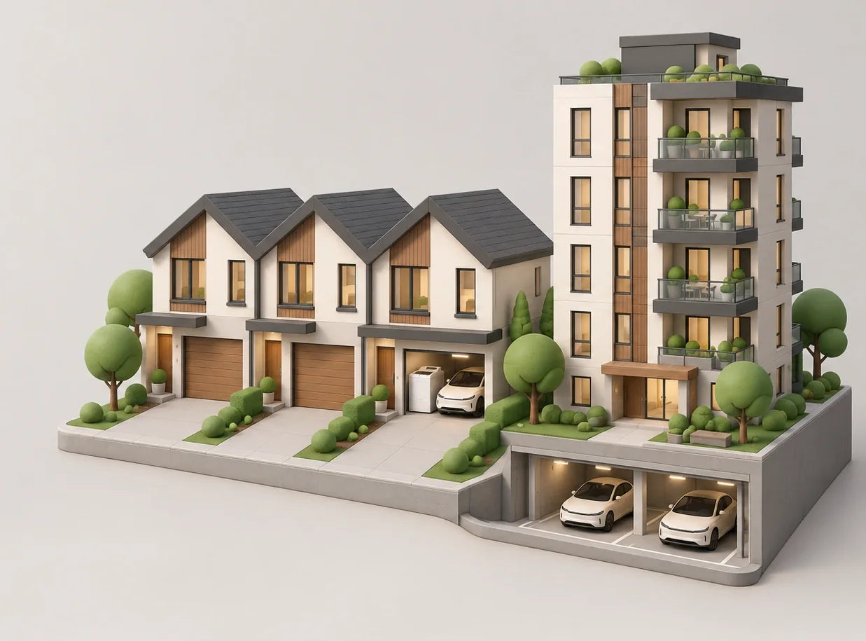 Clay illustration of a row of townhomes with an EV in an open garage beside a condo tower with EVs parked in its underground parkade